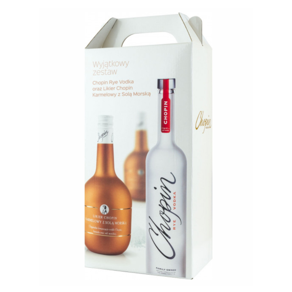 Wódka Zestaw Chopin Rye 40% 500 ml + Likier Chopin Karmelowy z solą morską 18% 500 ml