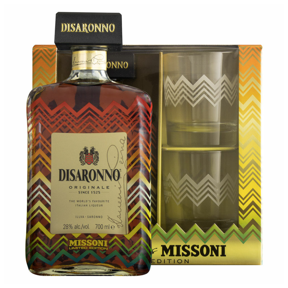 Likier Amaretto Disaronno Missoni + 2 szklanki 28% 700 ml
