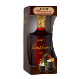 Likier Dębowa Polska Gold Raspberry  20% 700 ml + 12 czekoladowych  kieliszków