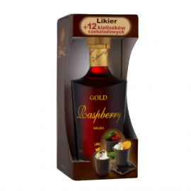 Likier Dębowa Polska Gold Raspberry  20% 700 ml + 12 czekoladowych  kieliszków
